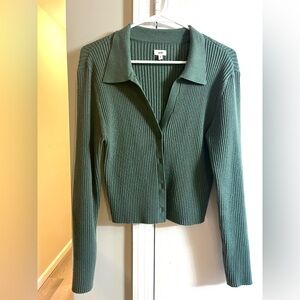 Aerie Sage Green Ribbed Collared Cardigan